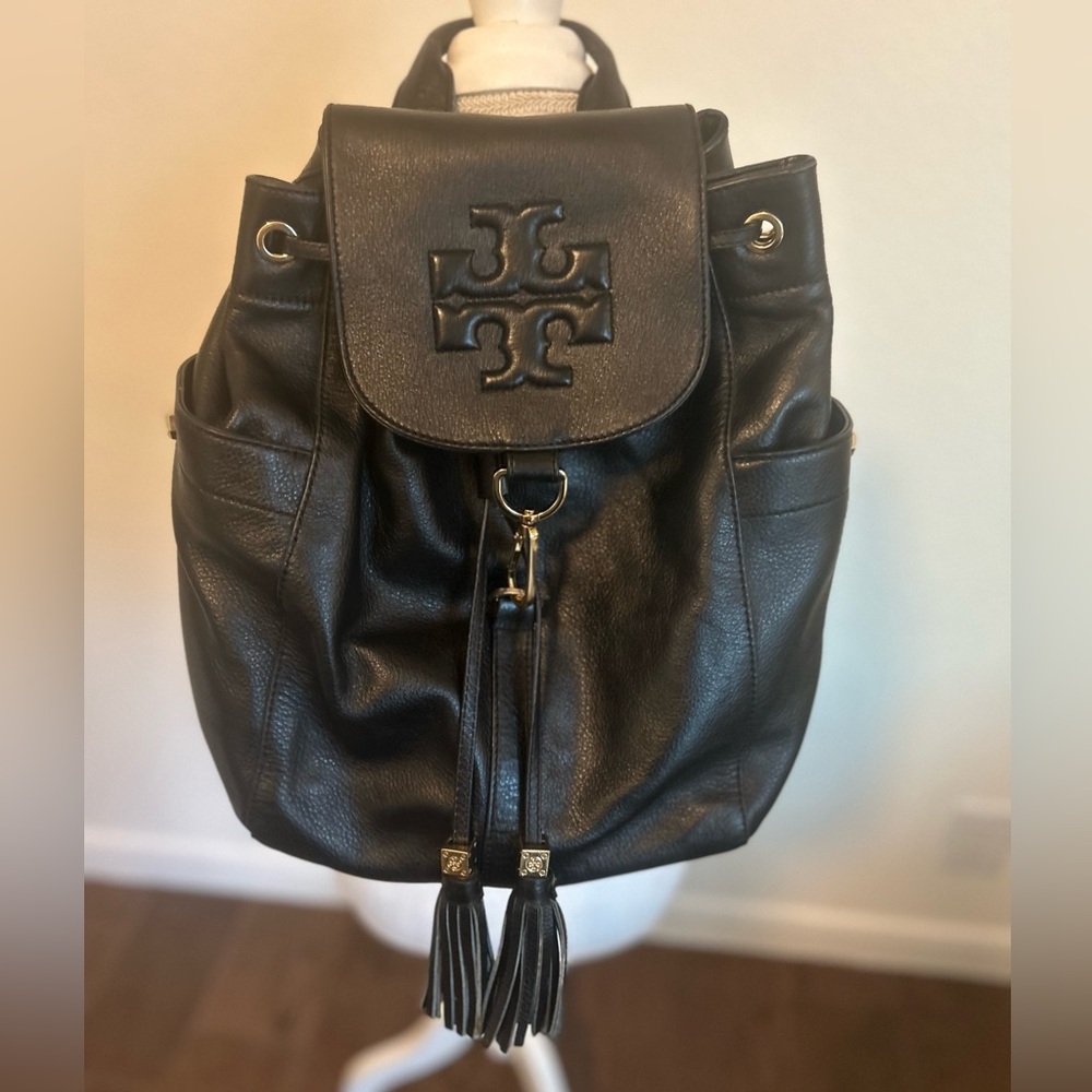 Tory Burch Black Leather Logo Drawstring Backpack - Picture 2 of 16